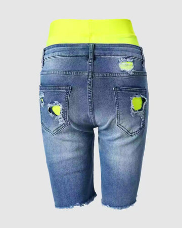 2 In 1 Denim Shorts Colorblock Print Ripped Shorts /w Workout Running Shorts